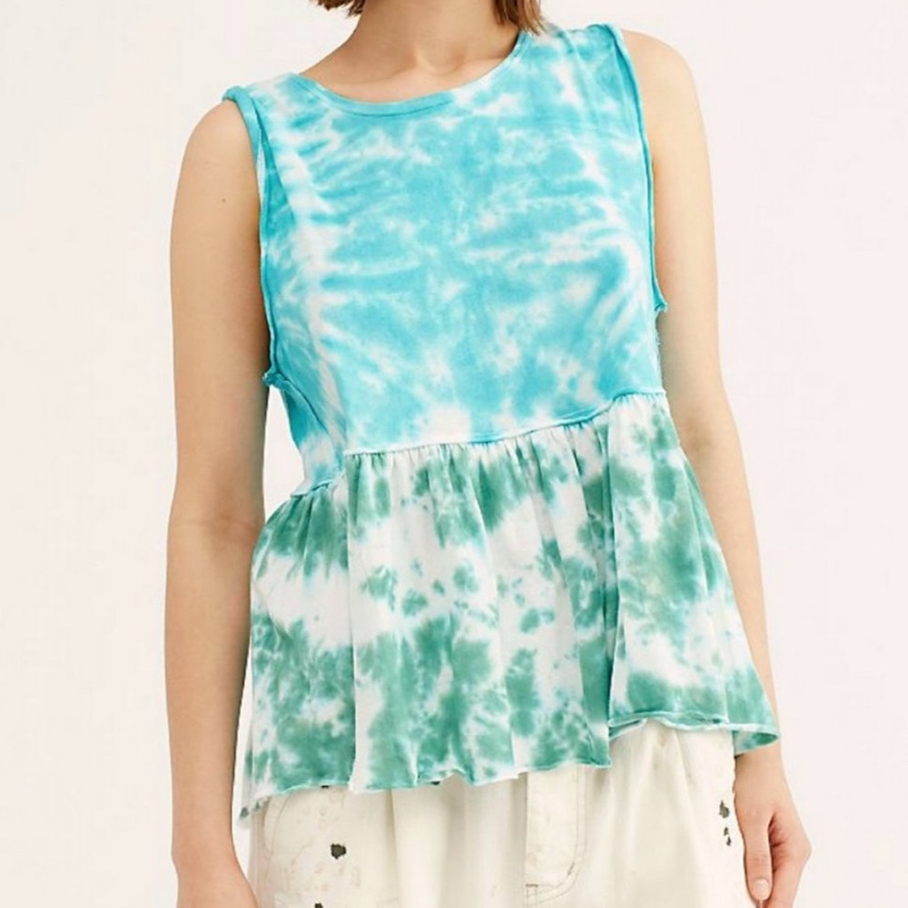 FREE PEOPLE WE THE FREE TEAL SLEEVELESS TIE-DYE ANY TIME PEPLUM TANK TOP - SZ L